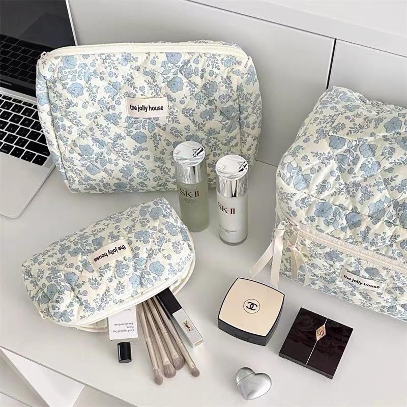 3Pcs Cotton Quited Makeup Bag Set, Quilted Makeup Bag, Large Floral Cosmetic Bag for Women, Cute Cotton Makeup Bags, Flower Travel Toiletry Organizer Bag makeupbag set