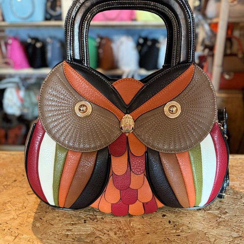 Beige multicolored owl women’s handbag