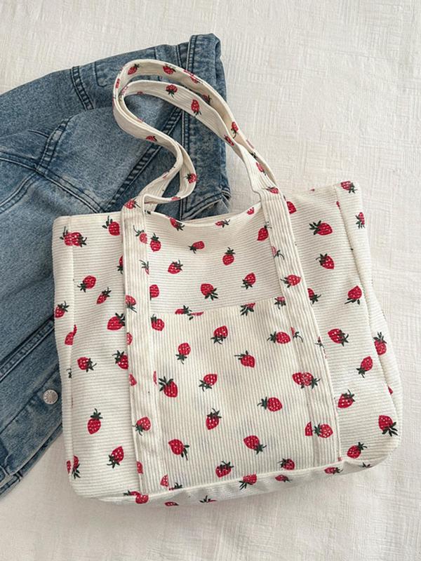 Strawberry Pattern Tote Bag, Large Capacity Shoulder Bag for Women, Casual Trendy Versatile High-quality Daily Commuting Bag, Girl Fashionable Shopping Bag