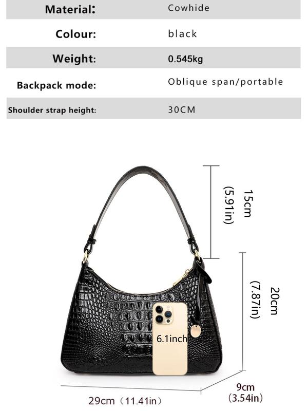 Women's Elegant Crocodile Embossed Handbag, Simple Plain Zipper Handbag with Adjustable Strap, Fashionable Handbag for Daily Use