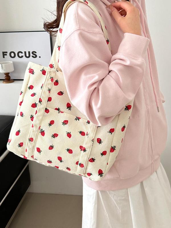 Strawberry Pattern Tote Bag, Large Capacity Shoulder Bag for Women, Casual Trendy Versatile High-quality Daily Commuting Bag, Girl Fashionable Shopping Bag