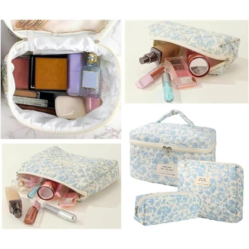 3Pcs Cotton Quited Makeup Bag Set, Quilted Makeup Bag, Large Floral Cosmetic Bag for Women, Cute Cotton Makeup Bags, Flower Travel Toiletry Organizer Bag makeupbag set