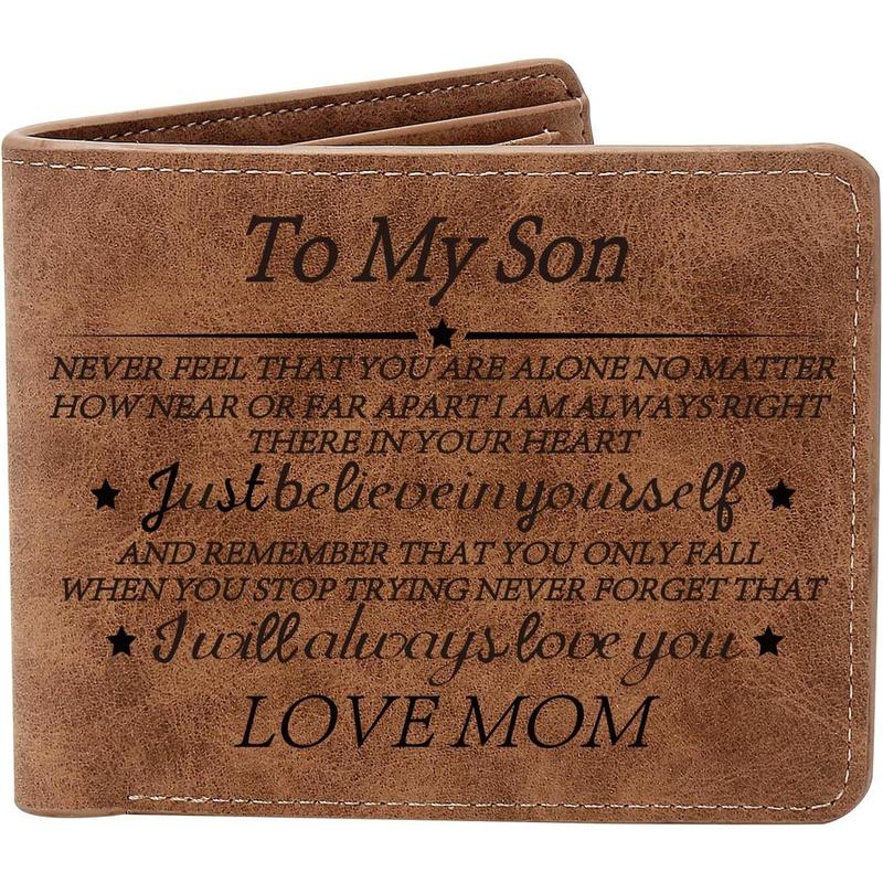 To My Son Gifts,Leather Wallet for Men,Engraved Personalized Leather Wallet,Birthday Christmas Gifts for Son from Mom Dad,Inspirational Gifts for Boy (Never Feel Son from Mom)