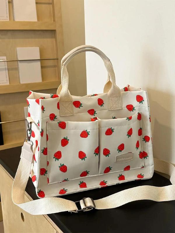 Cherry Print Letter Patched Tote Bag, Fashionable Multi-pocket Shoulder Bag for Women, Casual Versatile Commuter Bag for Daily Everyday Commuter Travel