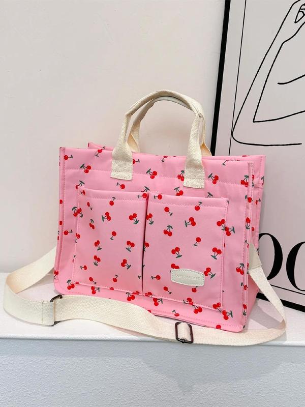 Cherry Print Letter Patched Tote Bag, Fashionable Multi-pocket Shoulder Bag for Women, Casual Versatile Commuter Bag for Daily Everyday Commuter Travel