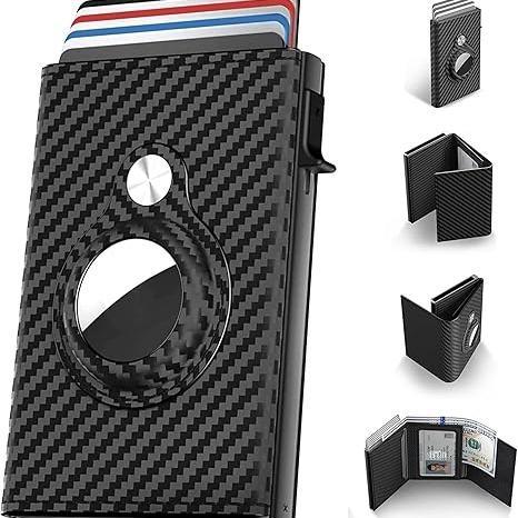 Mens Smart Wallet Card Holder: Leather, , Slim, Carbon Fiber, Minimalist - 9-14 Card Capacity | ID Window | Cash Slot (Black)|Triple fold