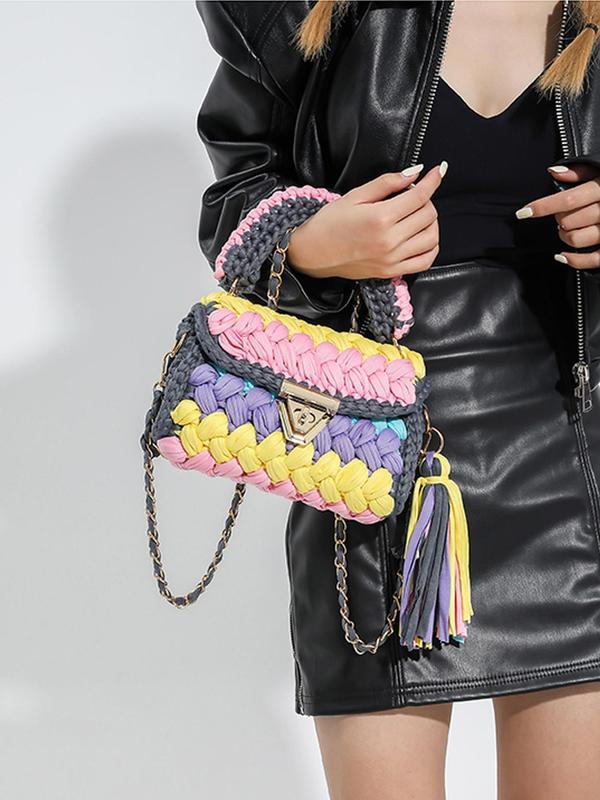 Women's Colorblock Crochet Handmade Bag, Fashionable Tassel Decor Crossbody Bag for Daily Used, Casual Trendy Versatile High-quality Daily Commuting Bag