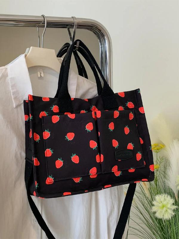 Cherry Print Letter Patched Tote Bag, Fashionable Multi-pocket Shoulder Bag for Women, Casual Versatile Commuter Bag for Daily Everyday Commuter Travel