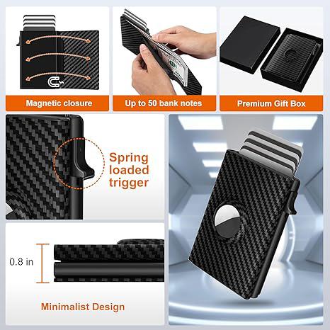 Mens Smart Wallet Card Holder: Leather, , Slim, Carbon Fiber, Minimalist - 9-14 Card Capacity | ID Window | Cash Slot (Black)|Triple fold