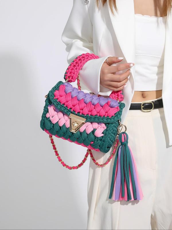 Women's Colorblock Crochet Handmade Bag, Fashionable Tassel Decor Crossbody Bag for Daily Used, Casual Trendy Versatile High-quality Daily Commuting Bag