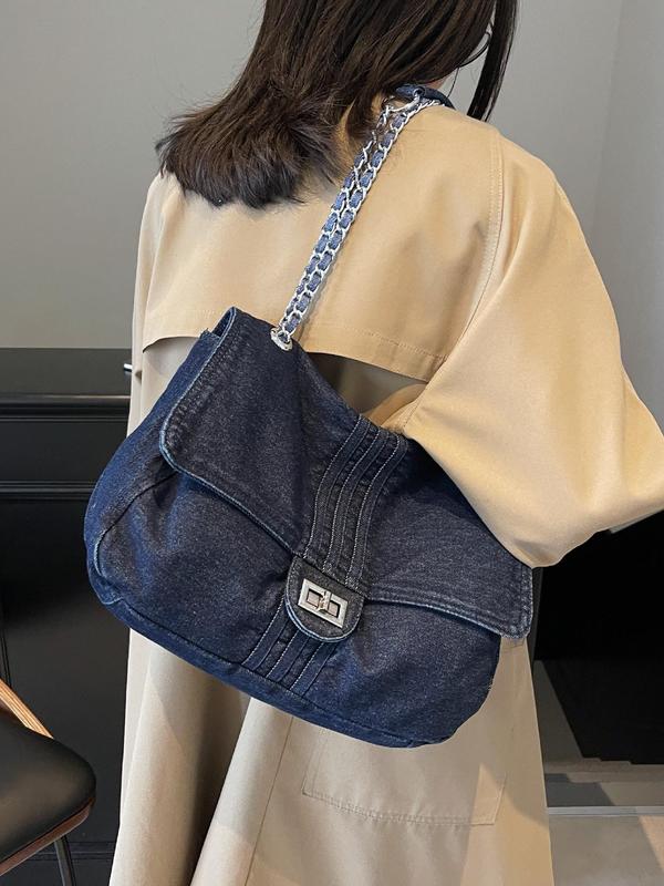 Women's Fashion Chain Strap Denim Shoulder Bag, Casual Solid Color Flap Bag, Trendy All-match Commuter Bag for Daily Used