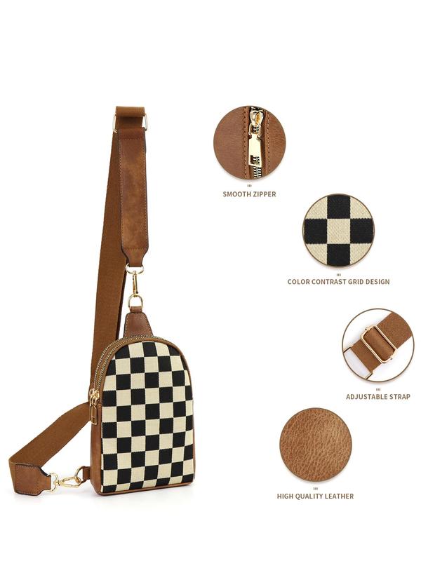 Checkerboard Pattern Fanny Pack, Fashionable PU Leather Sling Bag for Women, Casual Versatile Zipper Crossbody Purse with Detachable Strap for Travel & Gifts