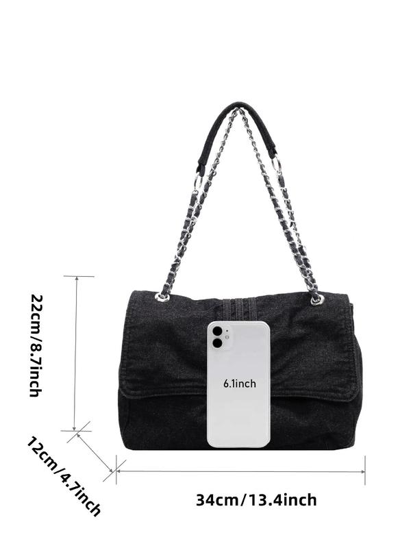 Women's Fashion Chain Strap Denim Shoulder Bag, Casual Solid Color Flap Bag, Trendy All-match Commuter Bag for Daily Used