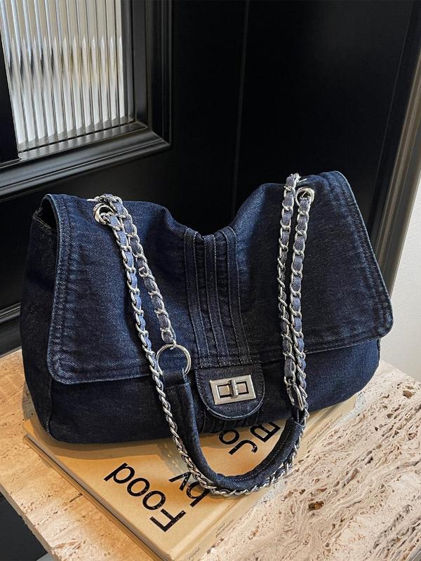 Women's Fashion Chain Strap Denim Shoulder Bag, Casual Solid Color Flap Bag, Trendy All-match Commuter Bag for Daily Used