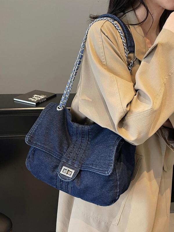 Women's Fashion Chain Strap Denim Shoulder Bag, Casual Solid Color Flap Bag, Trendy All-match Commuter Bag for Daily Used