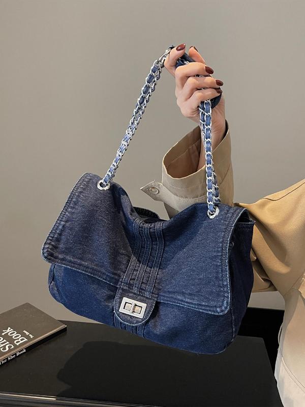 Women's Fashion Chain Strap Denim Shoulder Bag, Casual Solid Color Flap Bag, Trendy All-match Commuter Bag for Daily Used