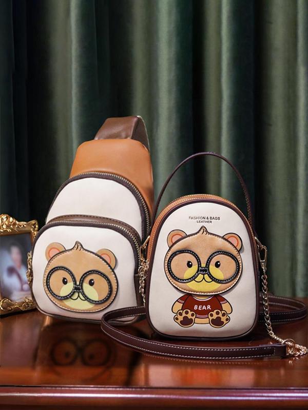 Women's Cute Cartoon Bear Pattern Crossbody Bag & Chest Bag, Fashionable Pu Leather Crossbody Bag & Chest Bag, Casual Trendy Versatile High-quality Daily Commuting Bag Set