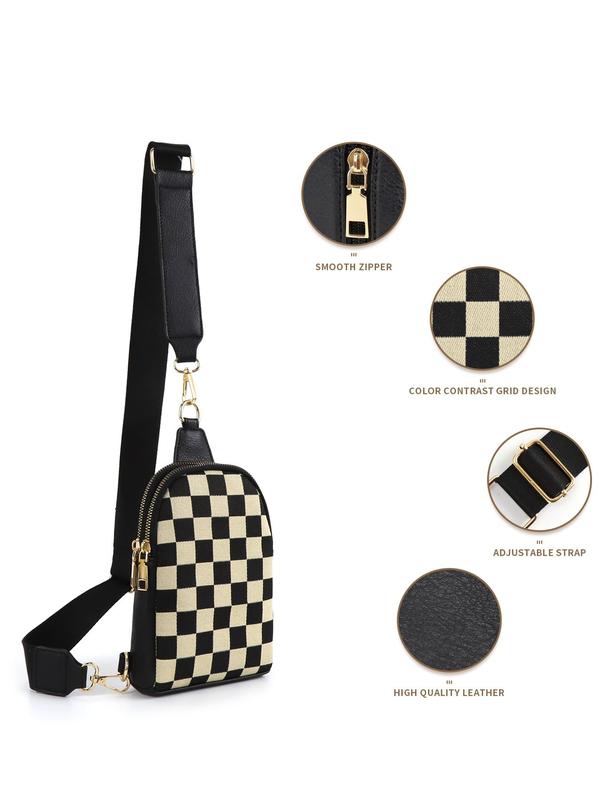 Checkerboard Pattern Fanny Pack, Fashionable PU Leather Sling Bag for Women, Casual Versatile Zipper Crossbody Purse with Detachable Strap for Travel & Gifts