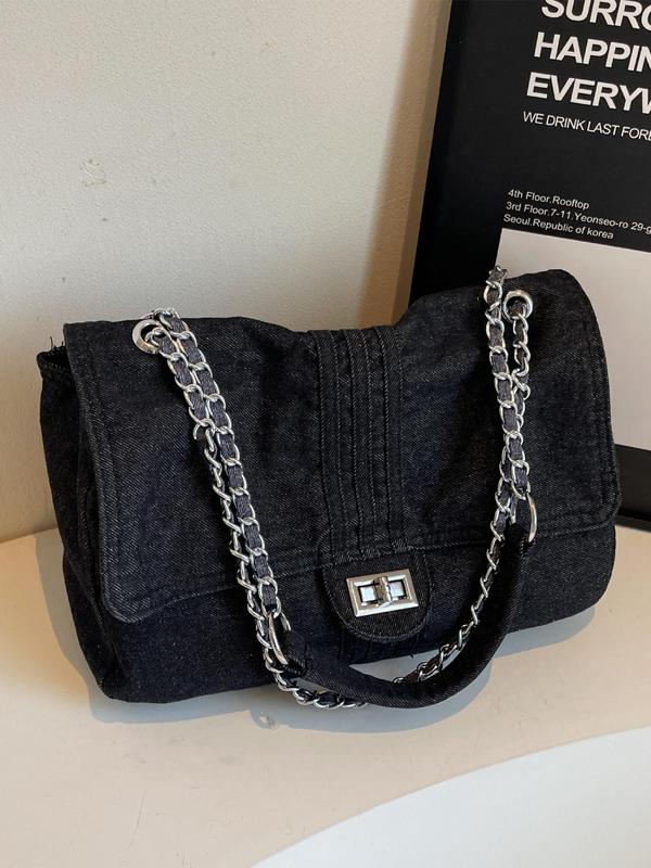 Women's Fashion Chain Strap Denim Shoulder Bag, Casual Solid Color Flap Bag, Trendy All-match Commuter Bag for Daily Used