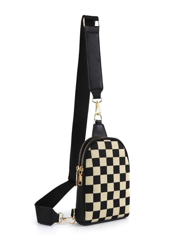 Checkerboard Pattern Fanny Pack, Fashionable PU Leather Sling Bag for Women, Casual Versatile Zipper Crossbody Purse with Detachable Strap for Travel & Gifts