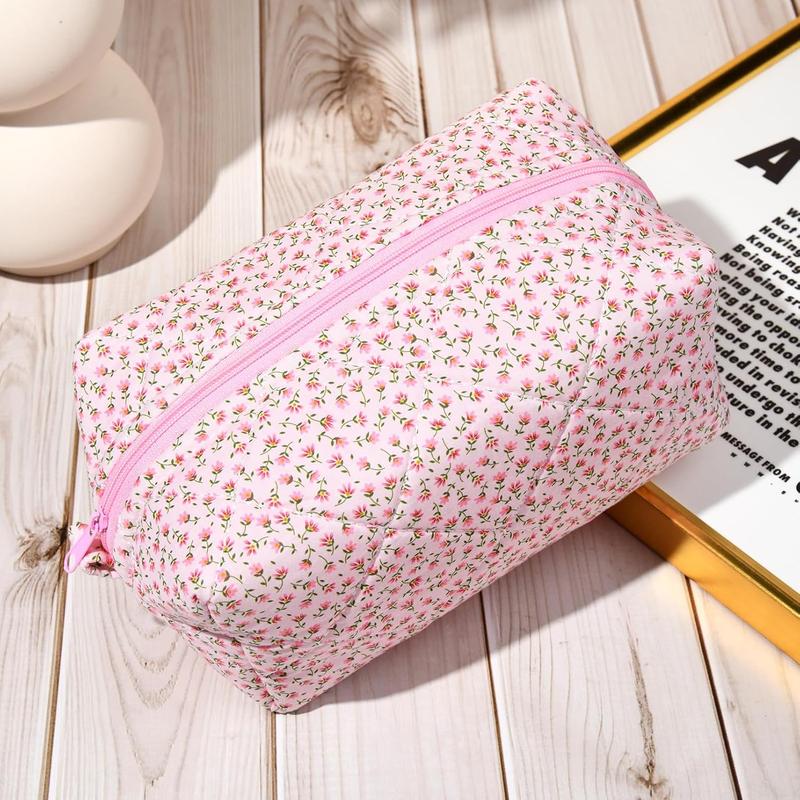 Quilted Makeup Bag Floral Cosmetic Bag Puffy Coquette Makeup pouch Aesthetic Cute Pink Travel Toiletry Bag Organizer cotton Makeup Brushes Storage Bag for Women