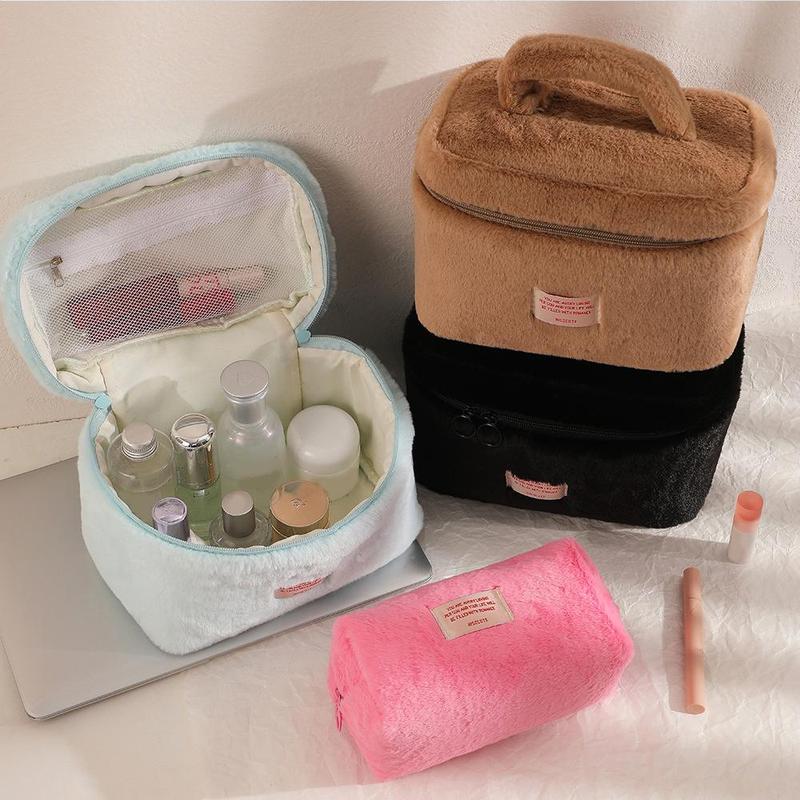 Solid Color Plush Zipper Makeup Bag, 1 Count Large Capacity Toiletry Bag, Cosmetic Storage Bag, Versatile Storage Bag for Home & Travel