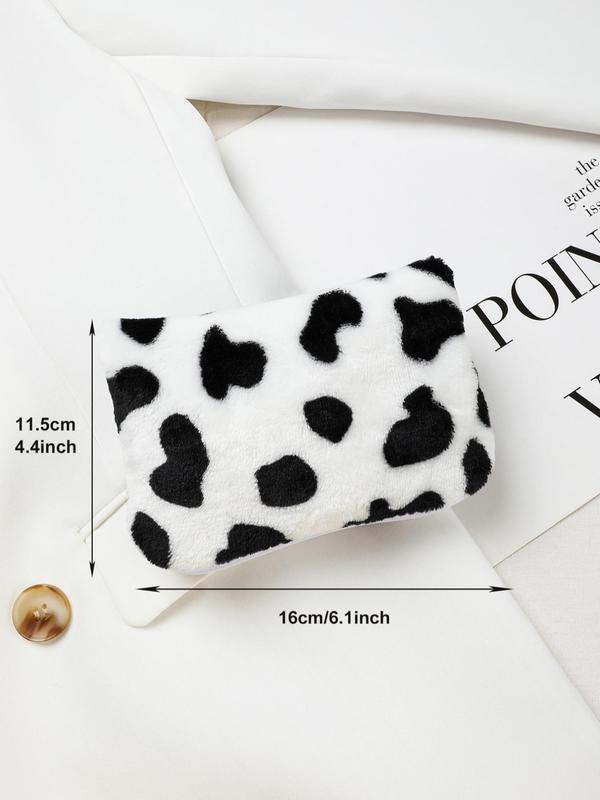 Cute Colorblock Cow Print Plush Zipper Wallet, Large Capacity Coin Purse, Portable Trendy Storage Bag for Women & Girls