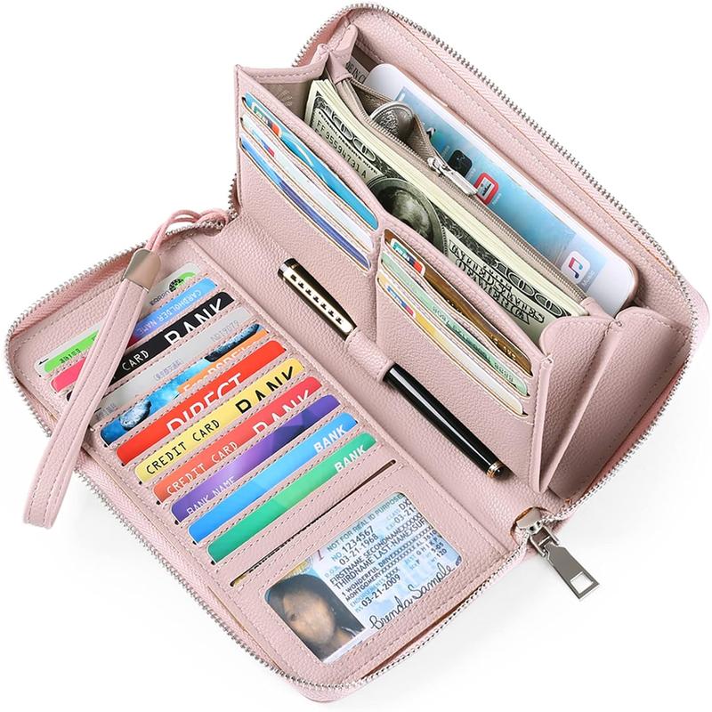 Womens Wallet RFID Blocking Leather Zip Around Wallet Large Capacity Long Purse Credit Card Clutch Wristlet