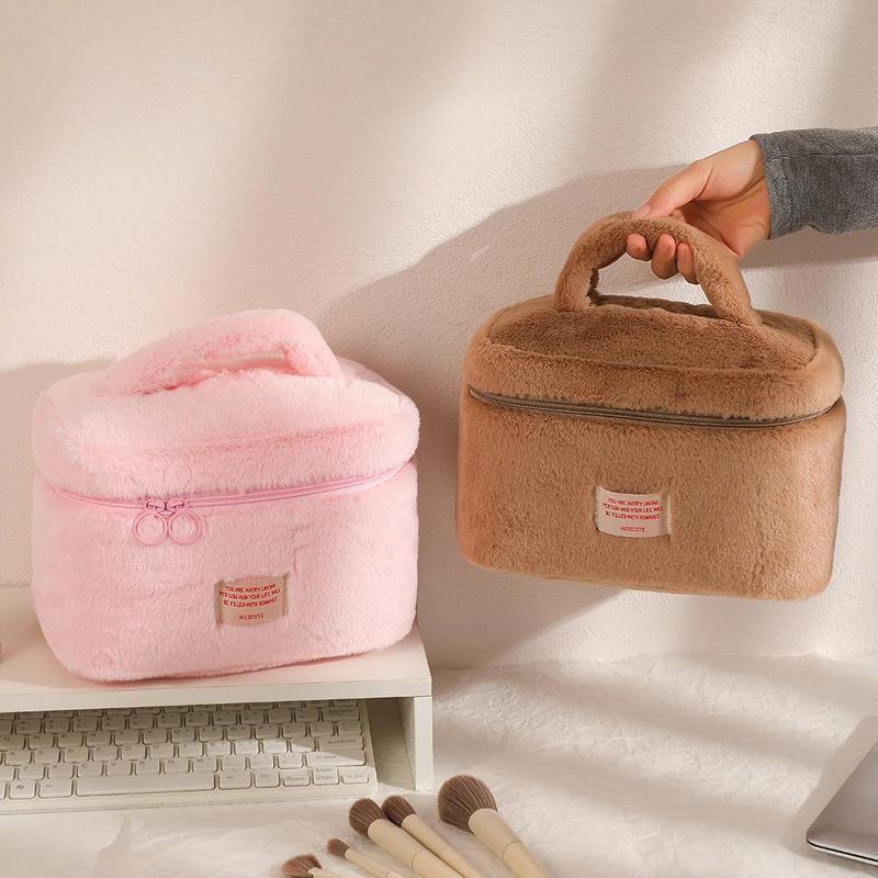 Solid Color Plush Zipper Makeup Bag, 1 Count Large Capacity Toiletry Bag, Cosmetic Storage Bag, Versatile Storage Bag for Home & Travel