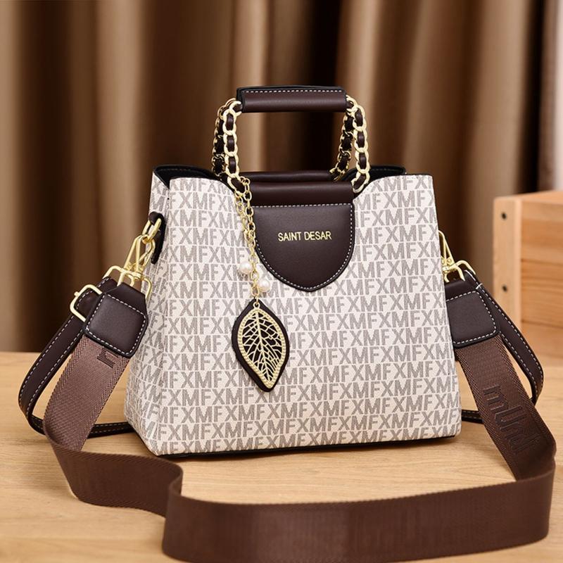 2024 Fashion Trendy Bucket Tote Bag for Women with Fancy Printing, Large Capacity Sling Purse Classic Beige Color Crossbody Handbag