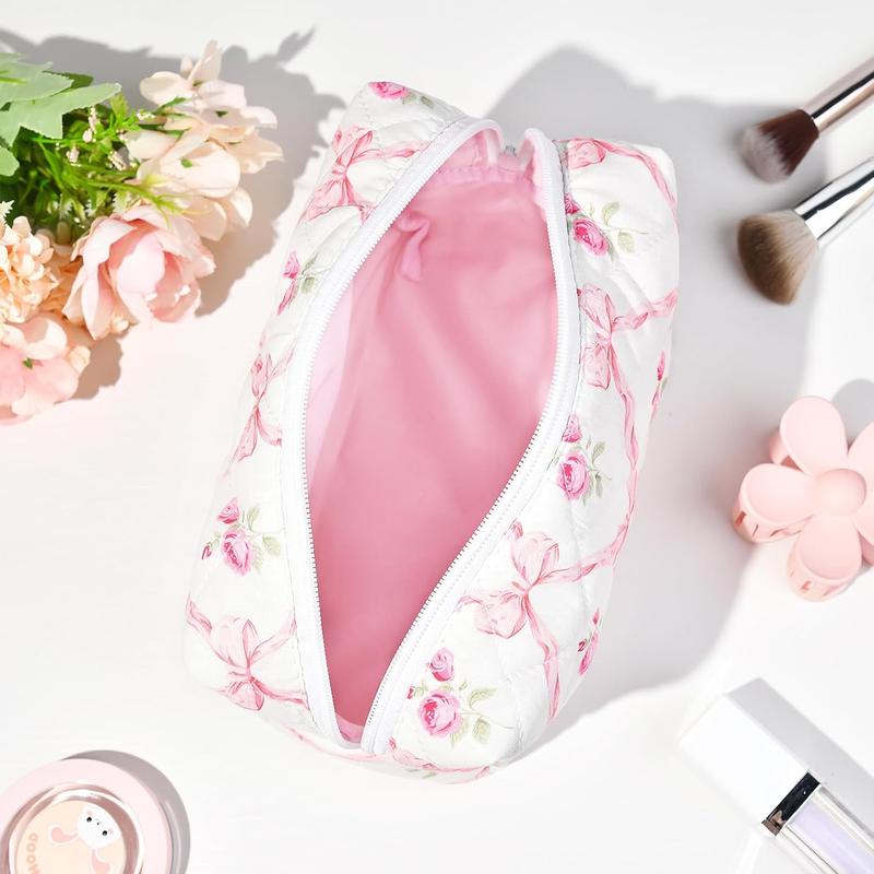 Quilted Makeup Bag Floral Cosmetic Bag Puffy Coquette Makeup pouch Aesthetic Cute Pink Travel Toiletry Bag Organizer cotton Makeup Brushes Storage Bag for Women