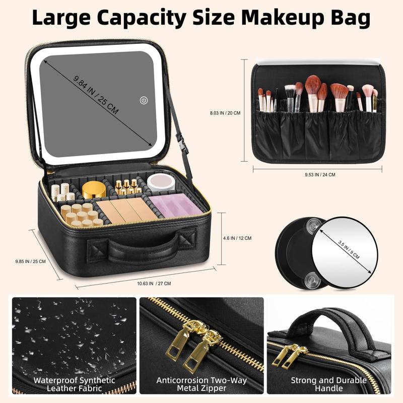 Travel Makeup Bag with Mirror of LED Lighted,  with Adjustable Dividers, Mirror and Detachable 10x Magnifying Mirror