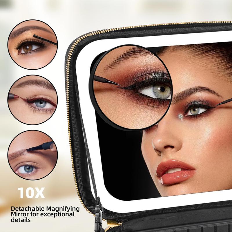 Travel Makeup Bag with Mirror of LED Lighted,  with Adjustable Dividers, Mirror and Detachable 10x Magnifying Mirror