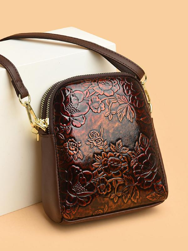 Women's Floral Embossed PU Leather Crossbody Bag, Fashionable Zipper Shoulder Bag for Daily Used, Casual Trendy Versatile High-quality Daily Commuting Bag