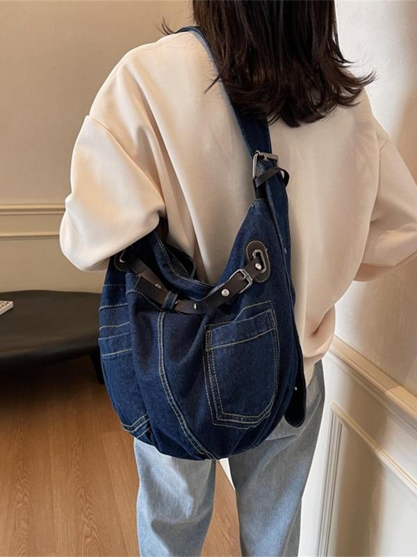 Fashionable Denim Half Moon Bag, Casual Versatile Tote Bag for Women, Trendy All-match Commuting Crossbody Bag, Girl Fashionable Shopping Bag