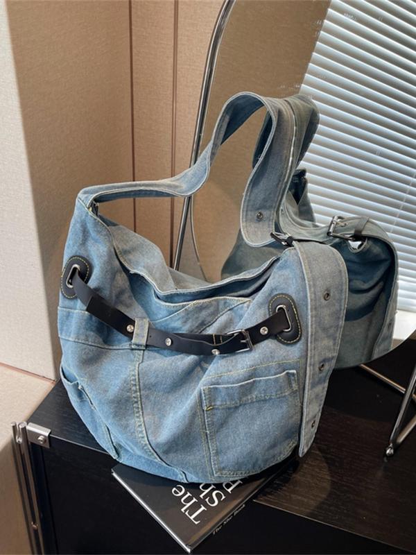 Fashionable Denim Half Moon Bag, Casual Versatile Tote Bag for Women, Trendy All-match Commuting Crossbody Bag, Girl Fashionable Shopping Bag