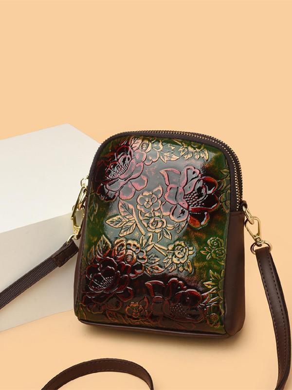 Women's Floral Embossed PU Leather Crossbody Bag, Fashionable Zipper Shoulder Bag for Daily Used, Casual Trendy Versatile High-quality Daily Commuting Bag