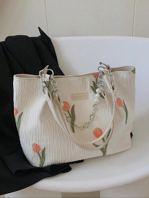 Women's Floral Pattern Faux Pearl Decor Tote Bag, Large Capacity Commuter Bag, Casual Shoulder Bag for Daily Used