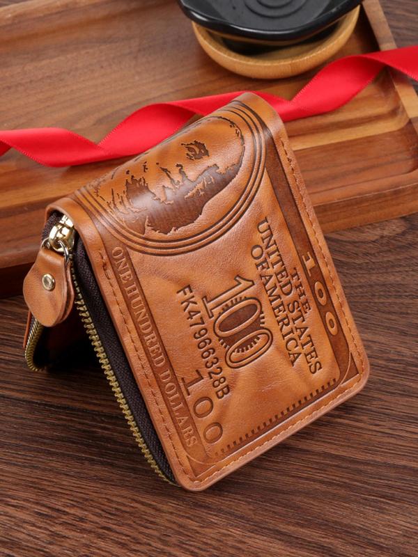 Men's Business $100 Dollar Pattern Bifold Wallet, Vintage Pu Leather Card Credit Holder, Casual Trendy Versatile High-quality Daily Wallet