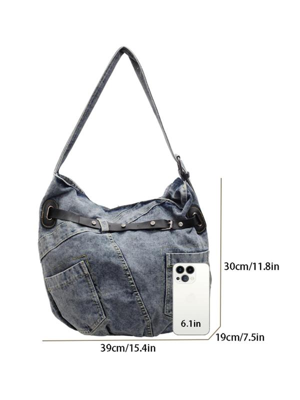 Fashionable Denim Half Moon Bag, Casual Versatile Tote Bag for Women, Trendy All-match Commuting Crossbody Bag, Girl Fashionable Shopping Bag