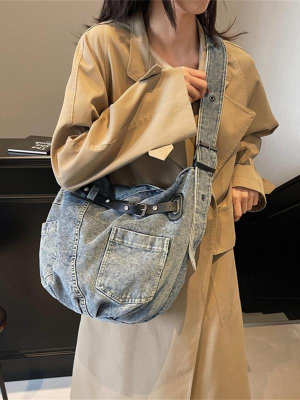 Fashionable Denim Half Moon Bag, Casual Versatile Tote Bag for Women, Trendy All-match Commuting Crossbody Bag, Girl Fashionable Shopping Bag