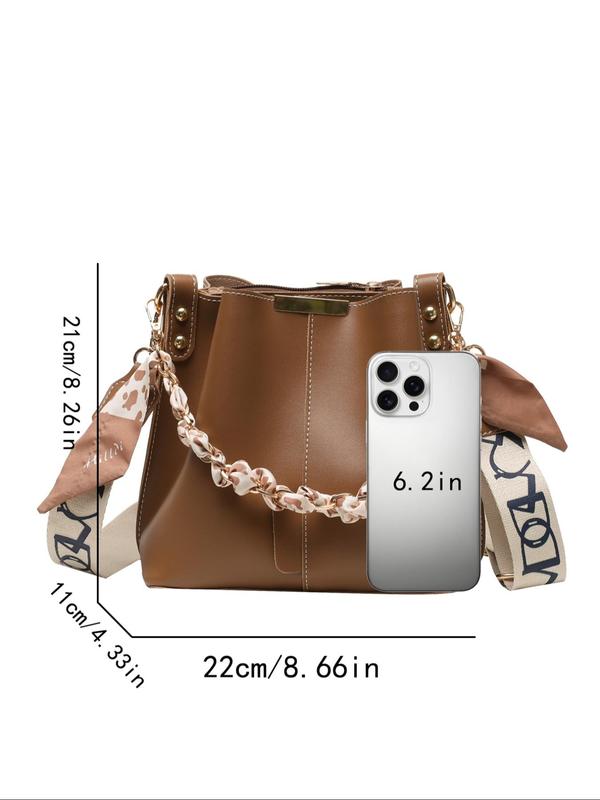 Women's Elegant Letter Pattern Bucket Bag, Fashionable PU Leather Crossbody Bag with Ribbon, Casual Trendy Versatile High-quality Daily Commuting Bag