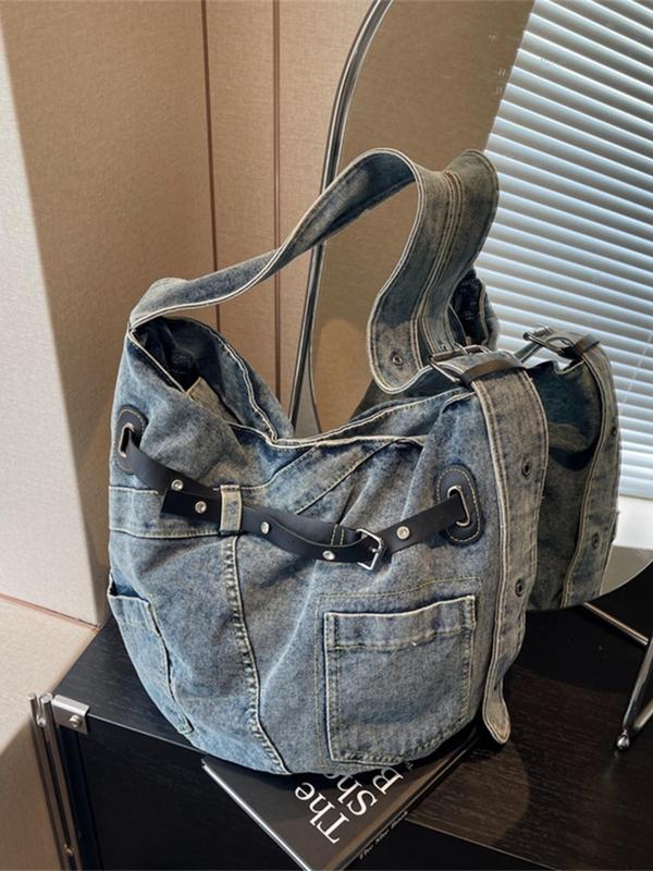 Fashionable Denim Half Moon Bag, Casual Versatile Tote Bag for Women, Trendy All-match Commuting Crossbody Bag, Girl Fashionable Shopping Bag