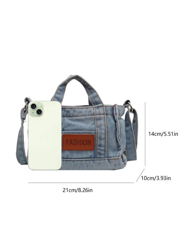 Letter Patched Decor Denim Pocket Design Crossbody Bag, Casual Versatile Zipper Shoulder Bag for Women, Trendy All-match Commuter Handbag for Daily Used