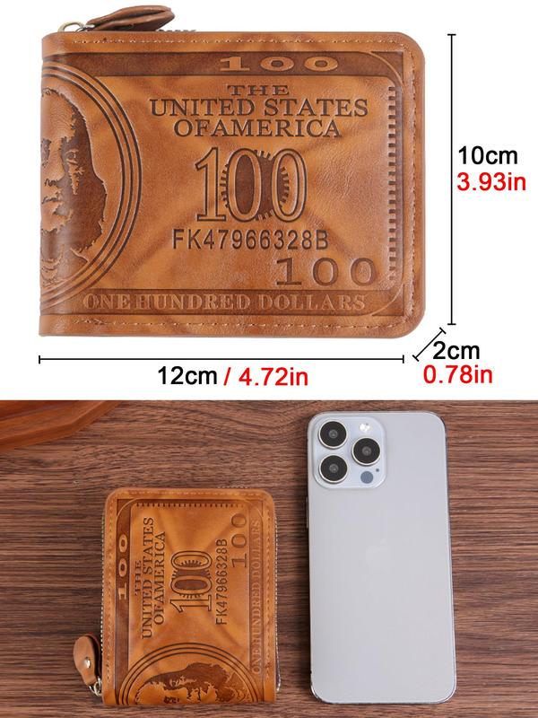 Men's Business $100 Dollar Pattern Bifold Wallet, Vintage Pu Leather Card Credit Holder, Casual Trendy Versatile High-quality Daily Wallet