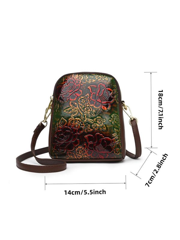 Women's Floral Embossed PU Leather Crossbody Bag, Fashionable Zipper Shoulder Bag for Daily Used, Casual Trendy Versatile High-quality Daily Commuting Bag