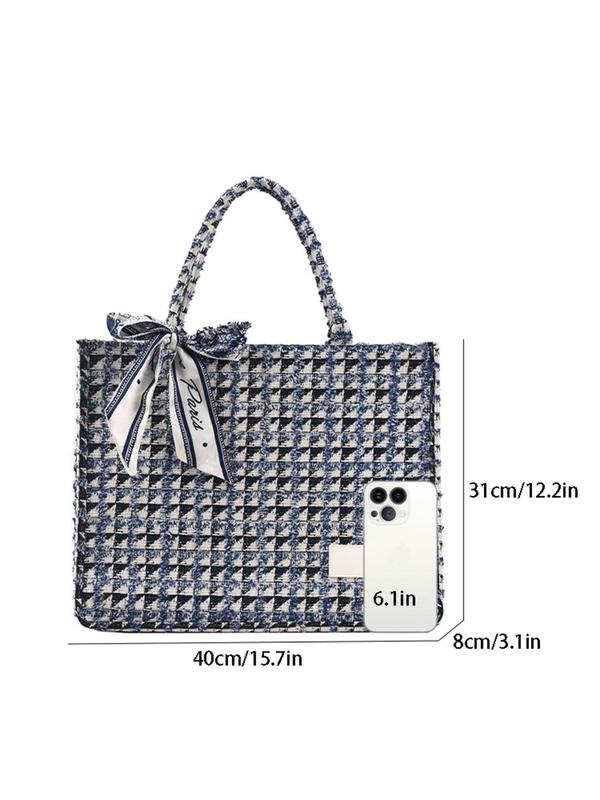 Women's Colorblock Plaid Pattern Tote Bag with Scarf, Casual Large Capacity Shoulder Bag for Daily Commute, Trendy All-match Bag for Daily Use