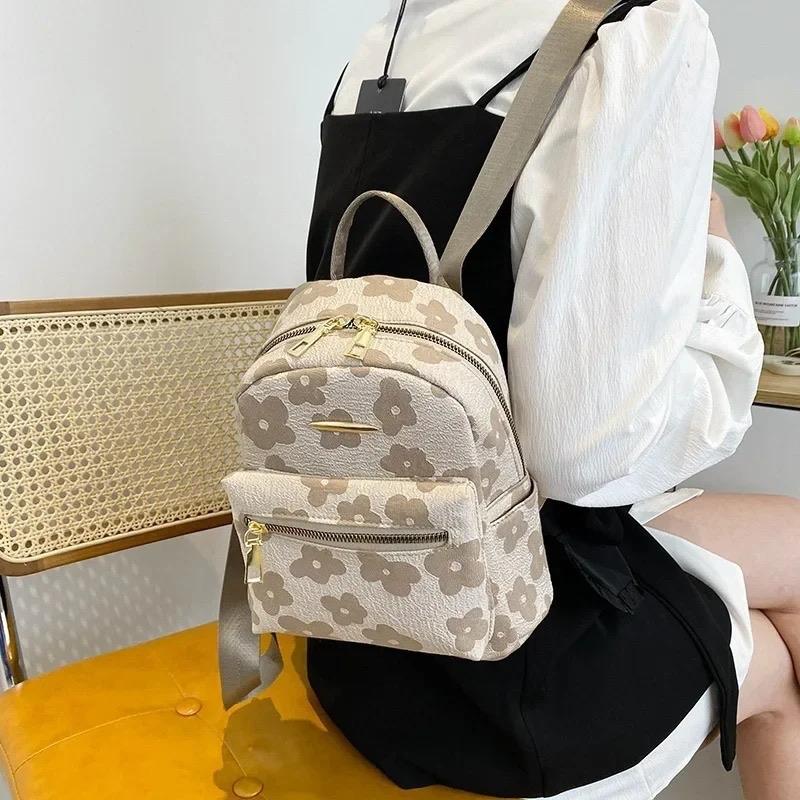 Multi-Function Flower Print Ladies School Backpack Bag for Women - PU Leather Shoulder Mini Small Backpack with Phone Pouch