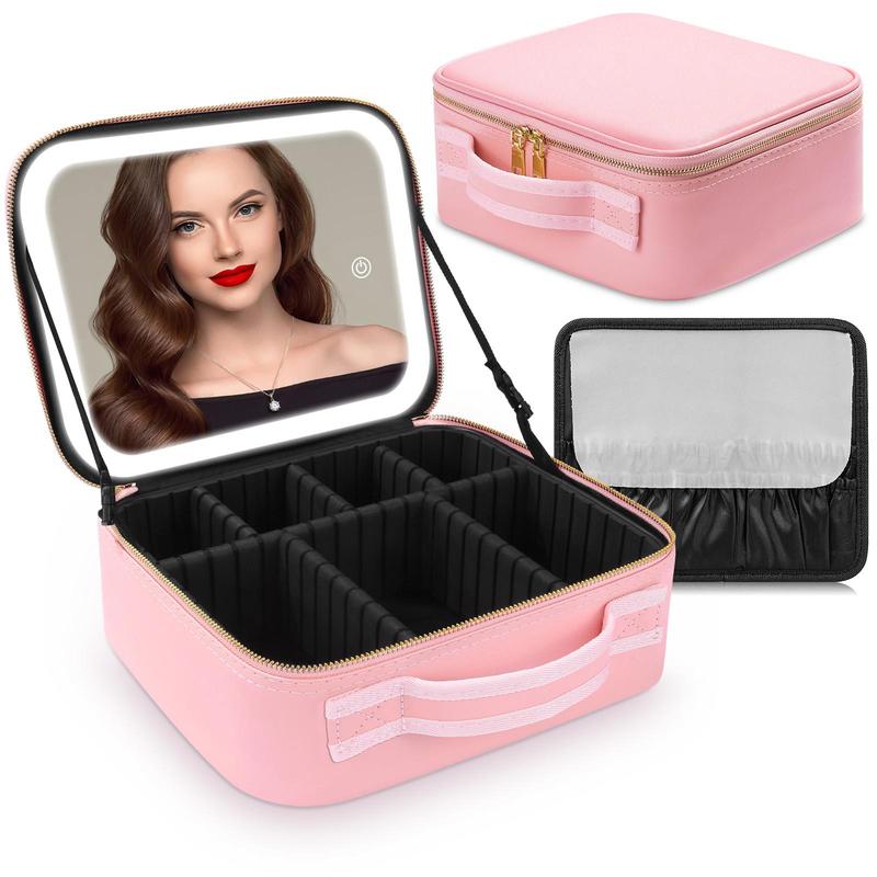 Makeup Bag with LED Light Mirror, 1 Box Portable Travel Makeup Case with Brush Plate, Large Capacity Adjustable Makeup Case for Home & Travel