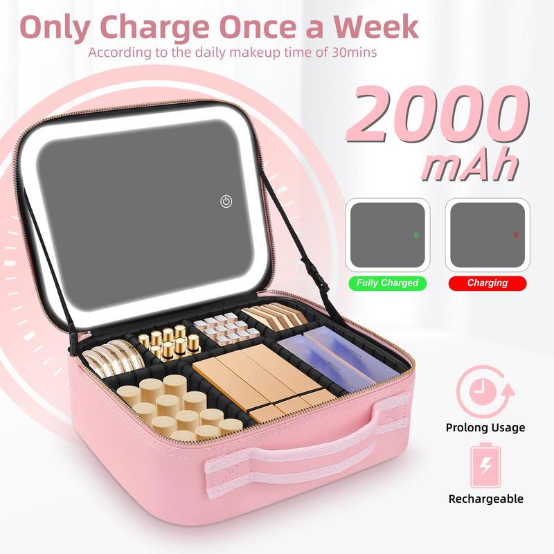 Makeup Bag with LED Light Mirror, 1 Box Portable Travel Makeup Case with Brush Plate, Large Capacity Adjustable Makeup Case for Home & Travel